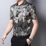 Mens Silk Shirts Short Sleeve Abstract Print Button Up Front Silk Dress Shirt
