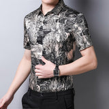 Mens Silk Shirts Short Sleeve Abstract Print Button Up Front Silk Dress Shirt