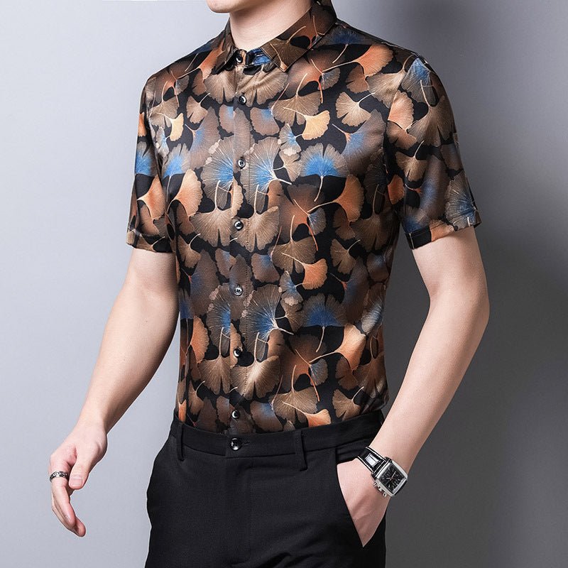 Mens Silk Shirts Short Sleeve Autumn Ginkgo Leaf Print Silk Dressing Shirt