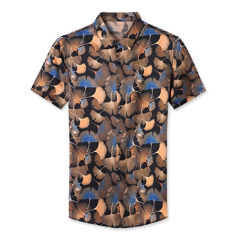 Mens Silk Shirts Short Sleeve Autumn Ginkgo Leaf Print Silk Dressing Shirt