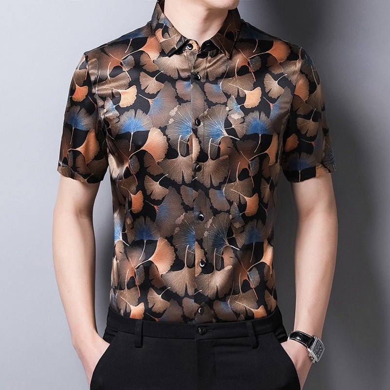 Mens Silk Shirts Short Sleeve Autumn Ginkgo Leaf Print Silk Dressing Shirt