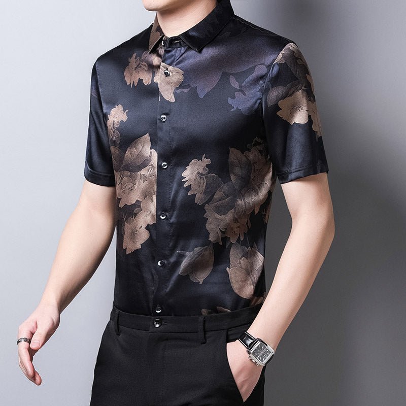 Mens Silk Shirts Short Sleeve Bronze Floral Print Silk Dress Shirt