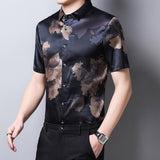Mens Silk Shirts Short Sleeve Bronze Floral Print Silk Dress Shirt