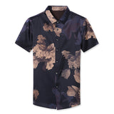 Mens Silk Shirts Short Sleeve Bronze Floral Print Silk Dress Shirt