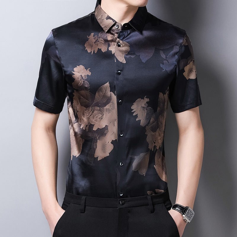 Mens Silk Shirts Short Sleeve Bronze Floral Print Silk Dress Shirt