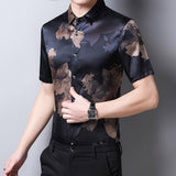 Mens Silk Shirts Short Sleeve Bronze Floral Print Silk Dress Shirt