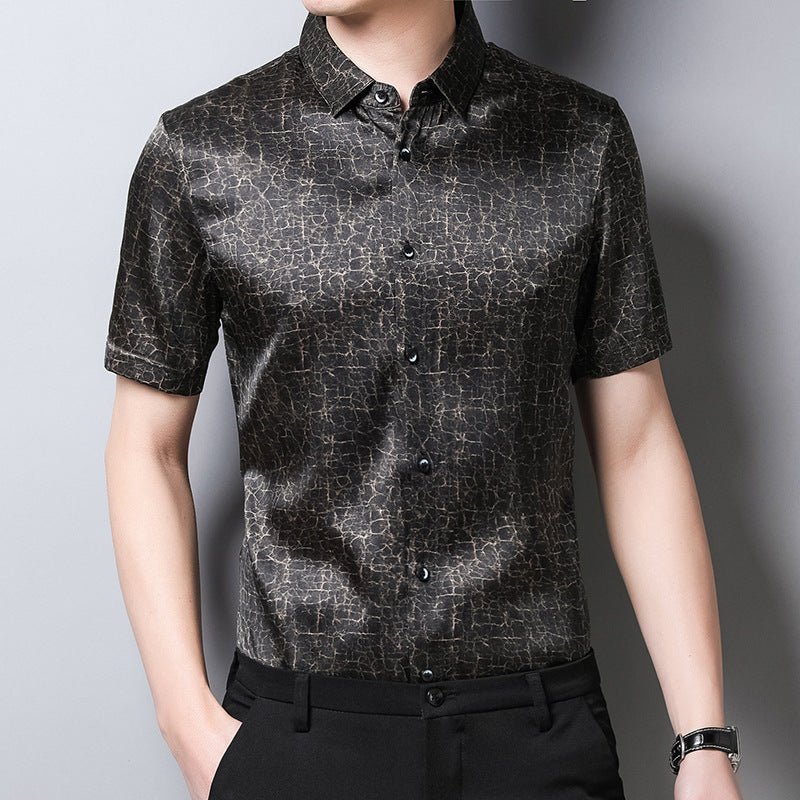 Mens Silk Shirts Short Sleeve Crackled Bronze Texture Silk Dress Shirt