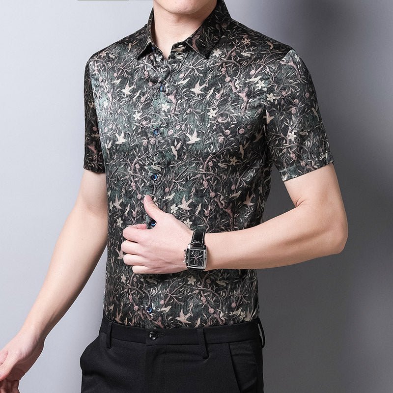 Mens Silk Shirts Short Sleeve Forest Bird and Floral Print Silk Dress Shirt