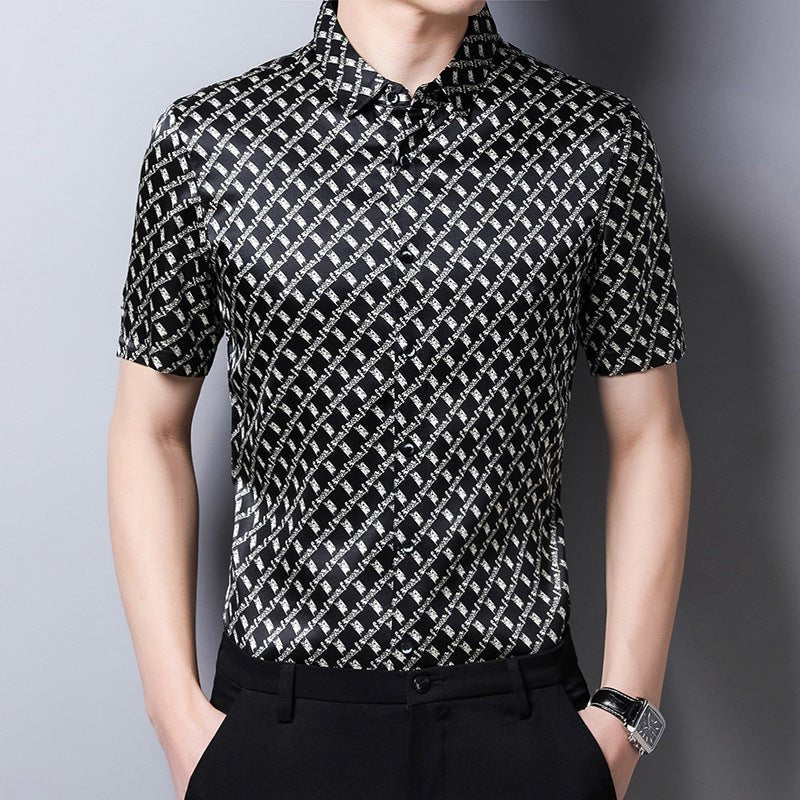 Mens Silk Shirts Short Sleeve Geometric Grid Print Silk Dress Shirt