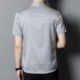 Mens Silk Shirts Short Sleeve Navy Geometric Print Silk Dress Shirt