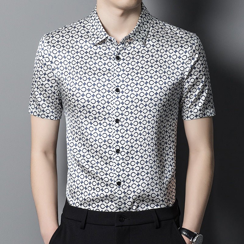 Mens Silk Shirts Short Sleeve Navy Geometric Print Silk Dress Shirt