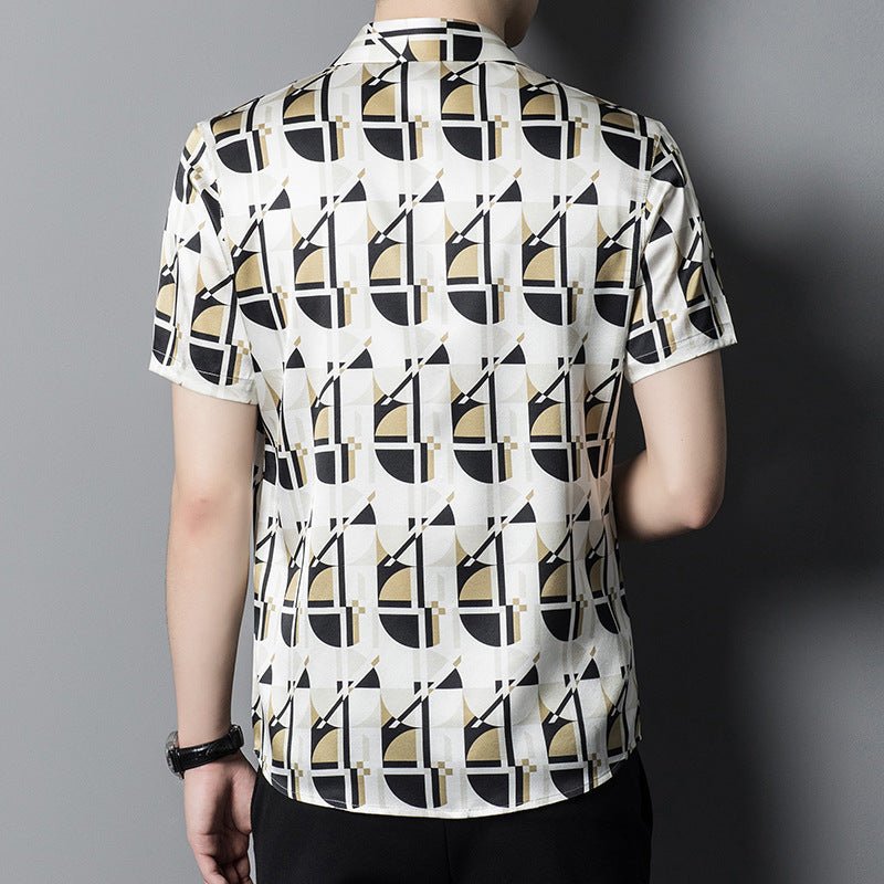 Mens Silk Shirts Short Sleeve Retro Geometric Print Silk Dress Shirt