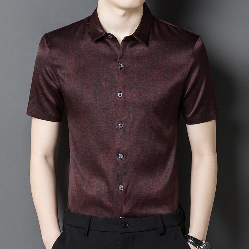 Mens Silk Shirts Short Sleeve Textured Pattern Silk Dress Shirt