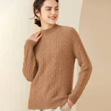 Long Sleeves Cable - knit Mock Neck Cashmere Sweater For Women