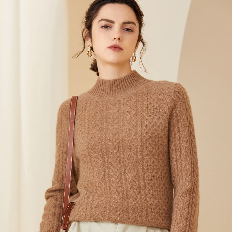 Long Sleeves Cable - knit Mock Neck Cashmere Sweater For Women