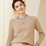 Ladies Colorful Striped Trim Crew Neck Cashmere Sweater