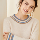 Ladies Colorful Striped Trim Crew Neck Cashmere Sweater
