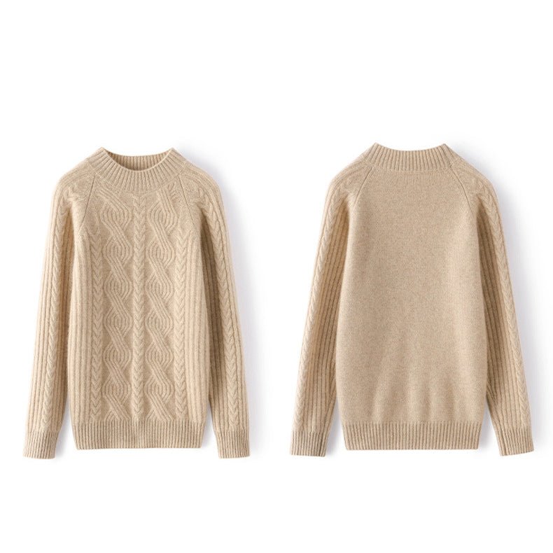 Womens Long Cable Knit Mock Neck Cashmere Sweater