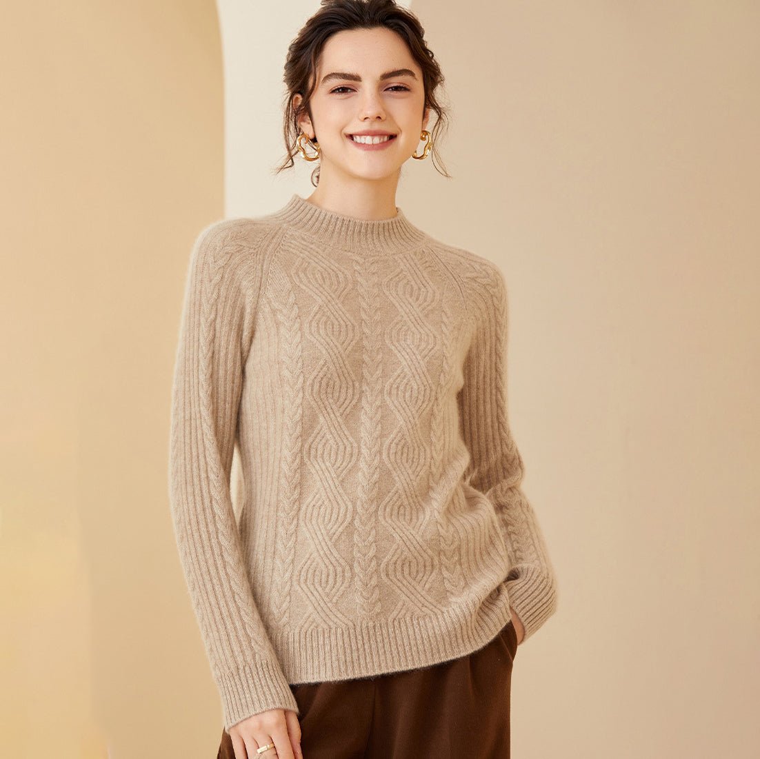 Womens Long Cable Knit Mock Neck Cashmere Sweater
