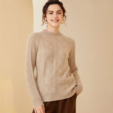Womens Long Cable Knit Mock Neck Cashmere Sweater