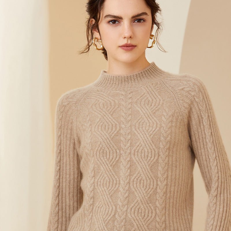 Womens Long Cable Knit Mock Neck Cashmere Sweater