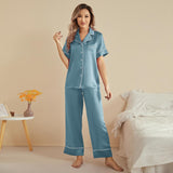 Classic Silk Pajamas Short Sleeve Long Pants Silk Pjs