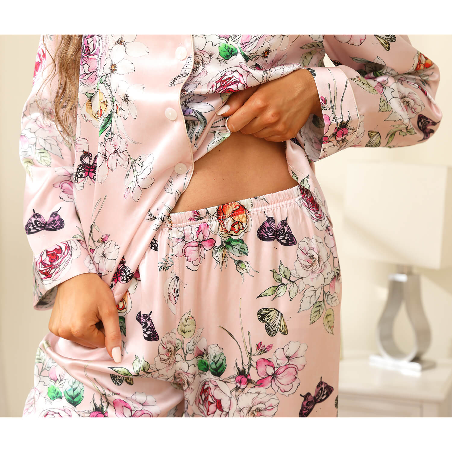 Luxury Print Silk Pajamas Floral Butterfly Silk Pajamas Set