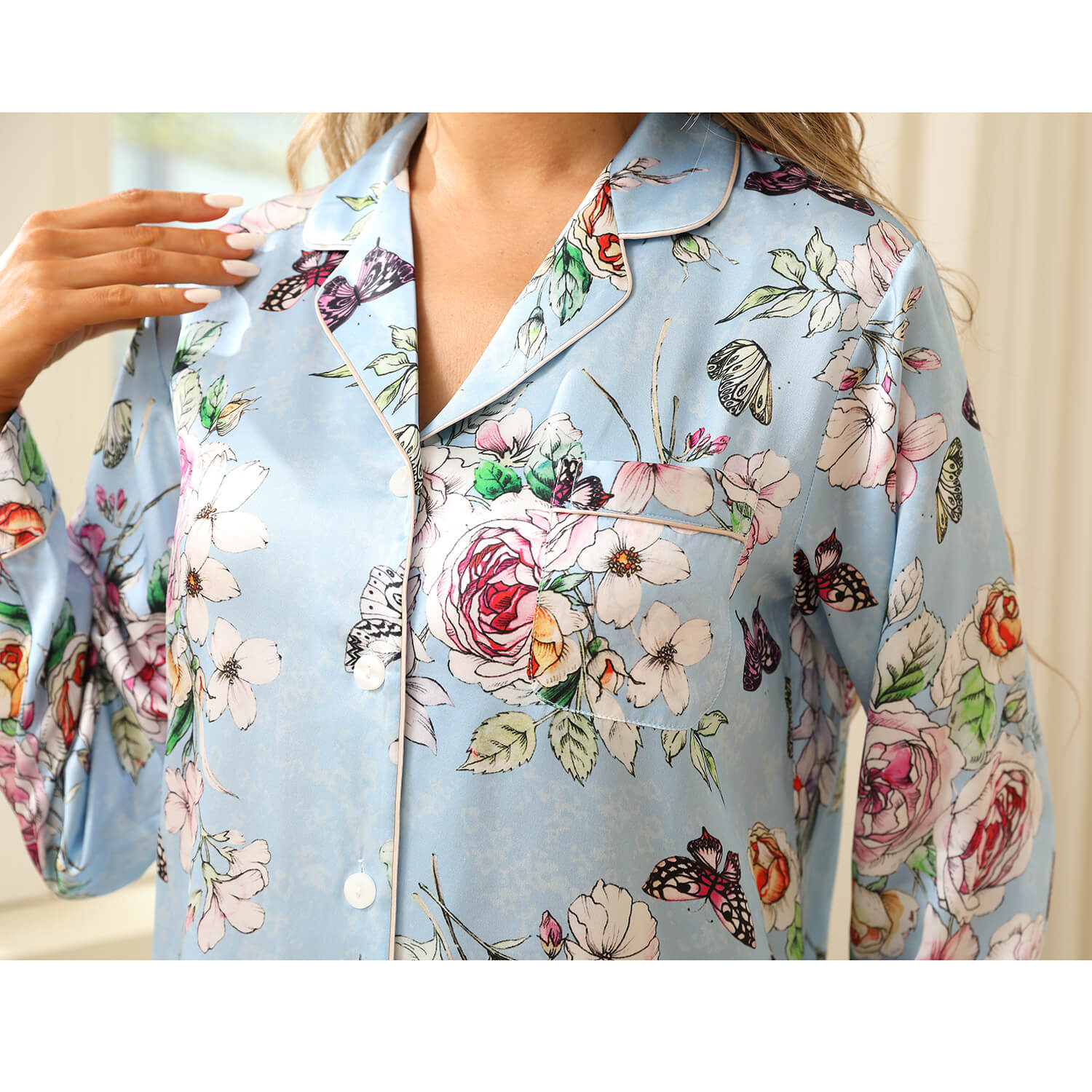 Luxury Print Silk Pajamas Floral Butterfly Silk Pajamas Set