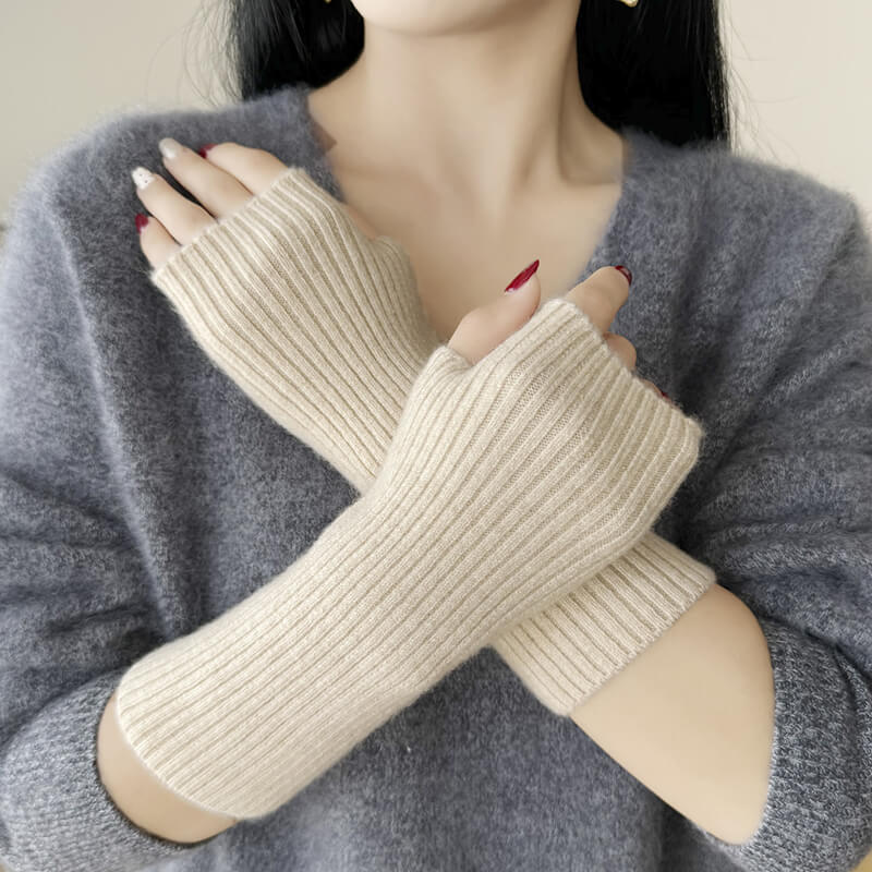 Ribbed Pure Cashmere Gloves Cashmere Wrist Warmers Long Cashmere Mitts Beige M