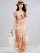 Romantic Puff Sleeve Summer Silk Dress Silk Maxi Dress for Women Silk Floral Dress Pink XS
