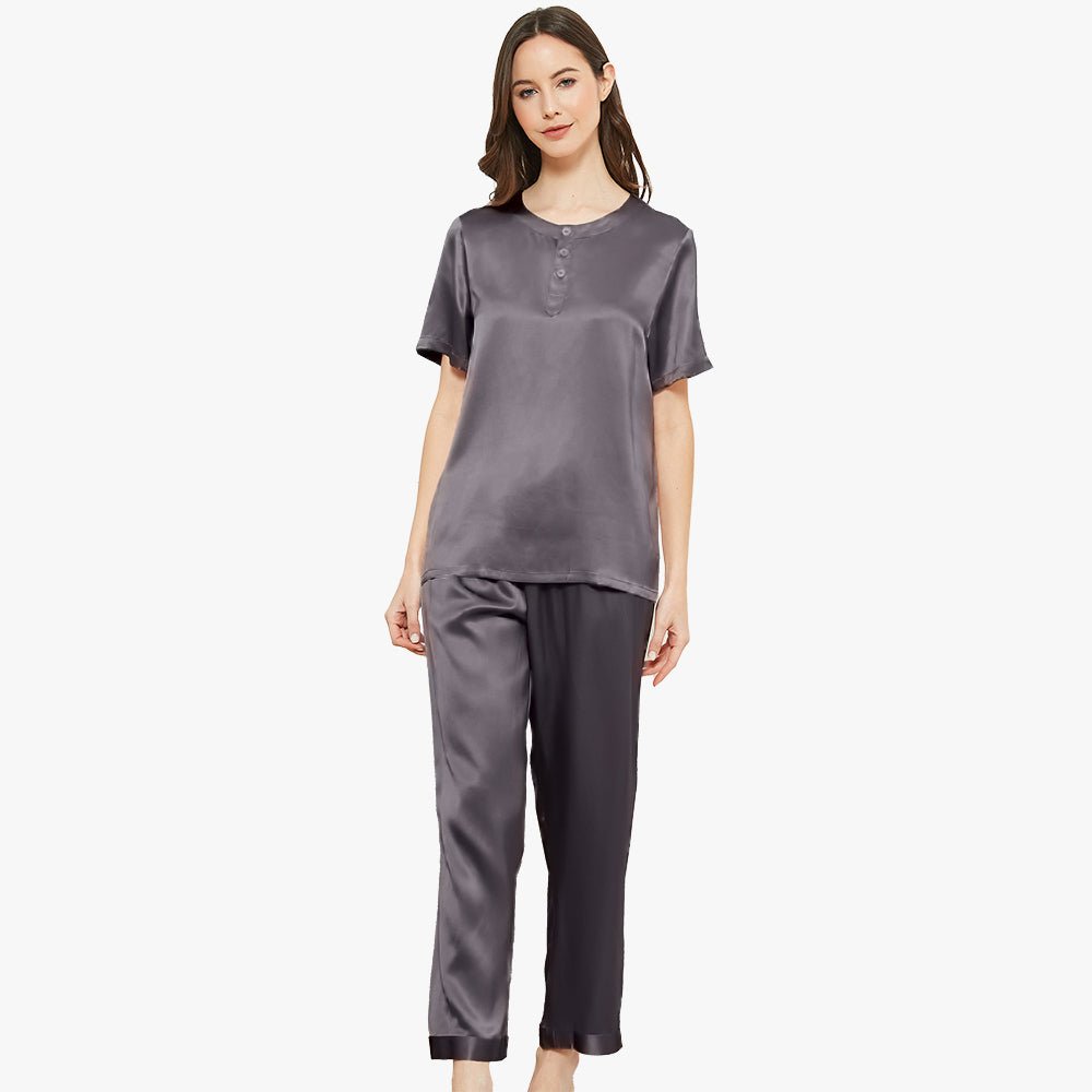 Henley Neckline Silk Pajamas 100% Silk Sleepwear Set