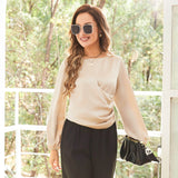 Women Silk Blouses Dressy Long Sleeve Pleated Silk Wrap Tops