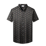 Silk Shirts for Men Short Sleeve Geometric Diamond Pattern Silk Dress Shirt