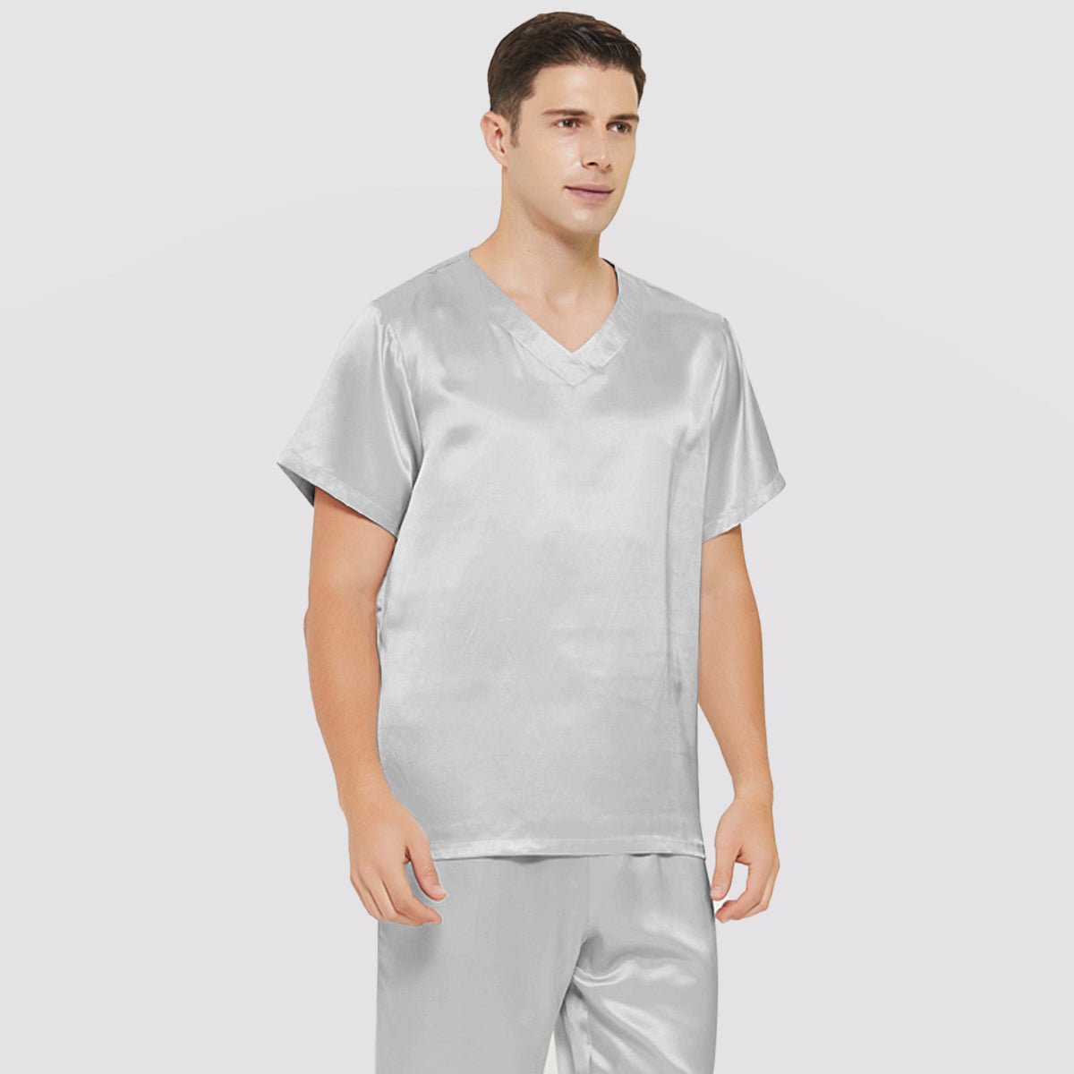 Mens Short Silk Pajama Set Silk Two Piece V Neck Silk Sleepwear