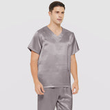 Mens Short Silk Pajama Set Silk Two Piece V Neck Silk Sleepwear