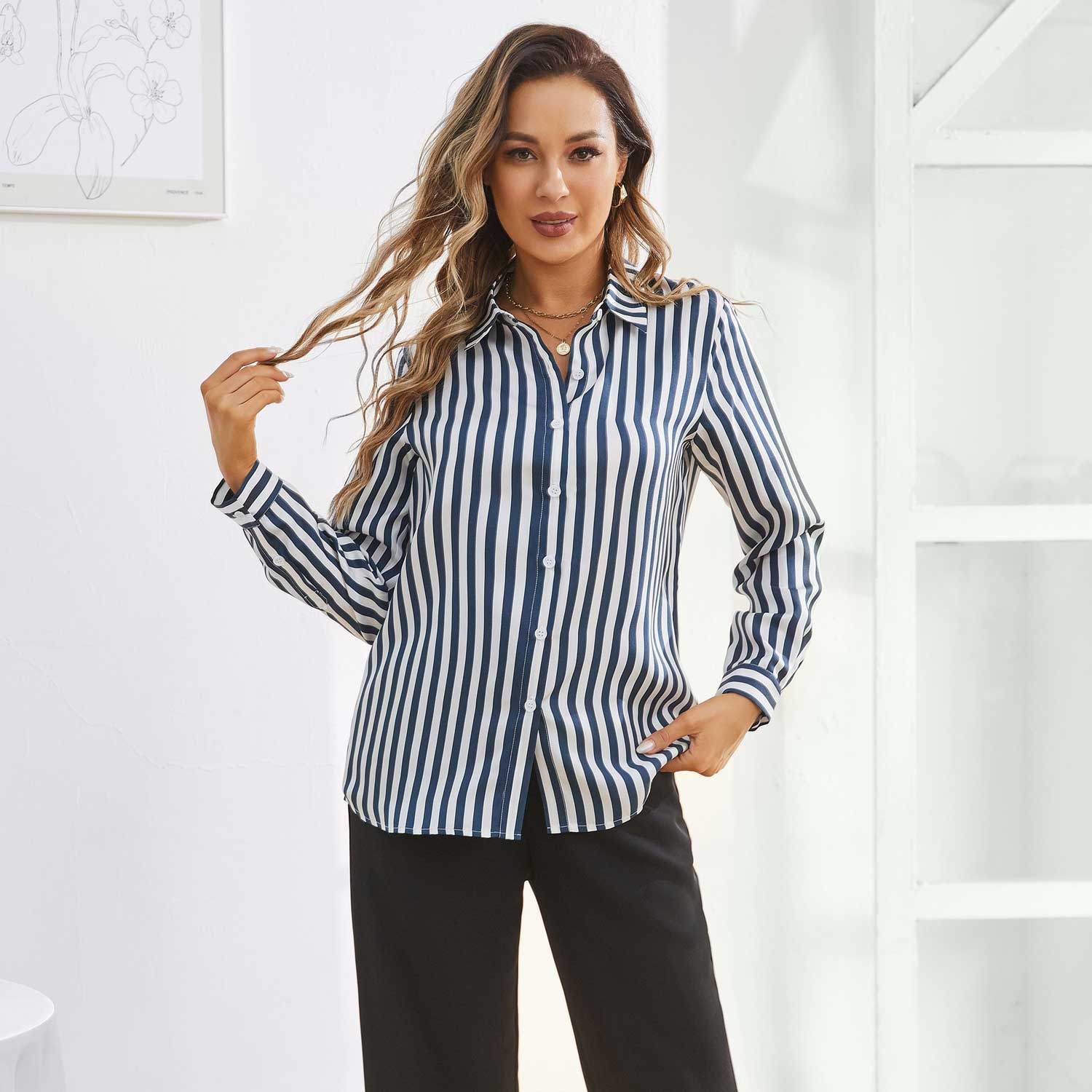 Women Stripe Silk Button Down Blouse Office Work Silk Shirts