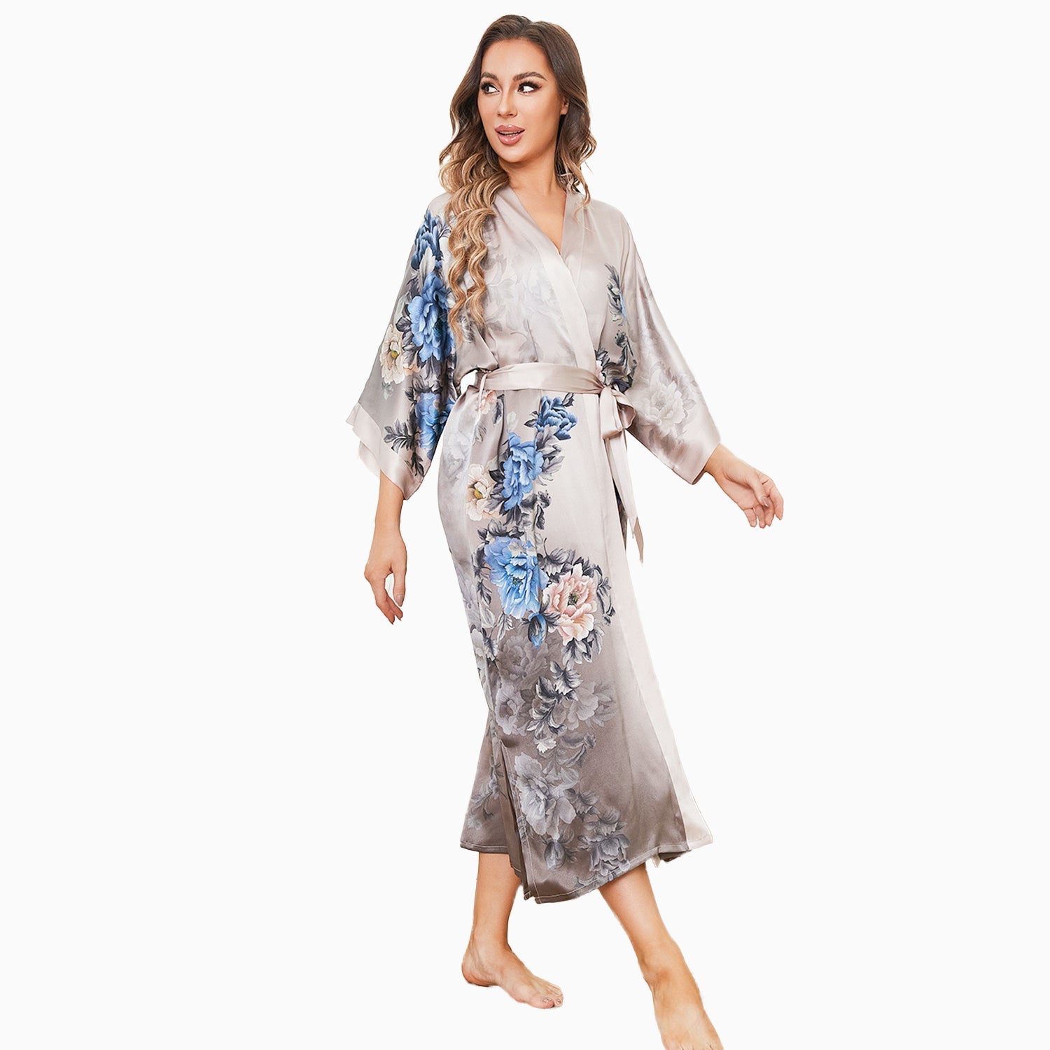 Women's Flower Silk Kimono Robe long Floral Print Silk Kimono Taupe One size fits most