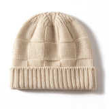 Unisex Checkered Cashmere Beanie Ribbed Brim Cashmere Knit Hat