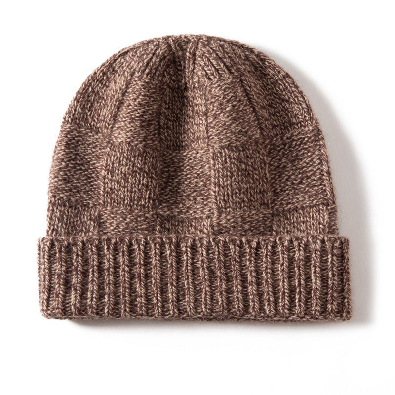 Unisex Checkered Cashmere Beanie Ribbed Brim Cashmere Knit Hat