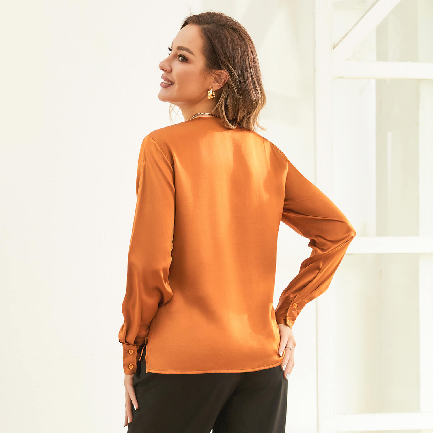 V Neck & Ribbon Silk Blouse For Women Long Sleeves Silk Shirt