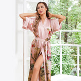 Women Luxury Long 100% Mulberry Vintage Floral Print Silk Kimono Robe