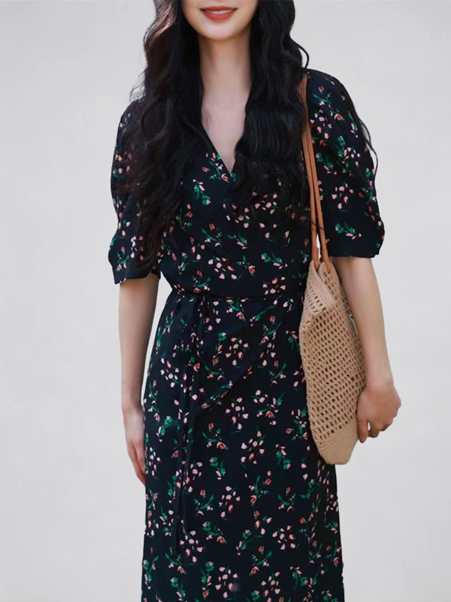 Vintage Womens Silk Midi Dress Silk Floral Dress V - Neck Silk Wrap Dress Black XS
