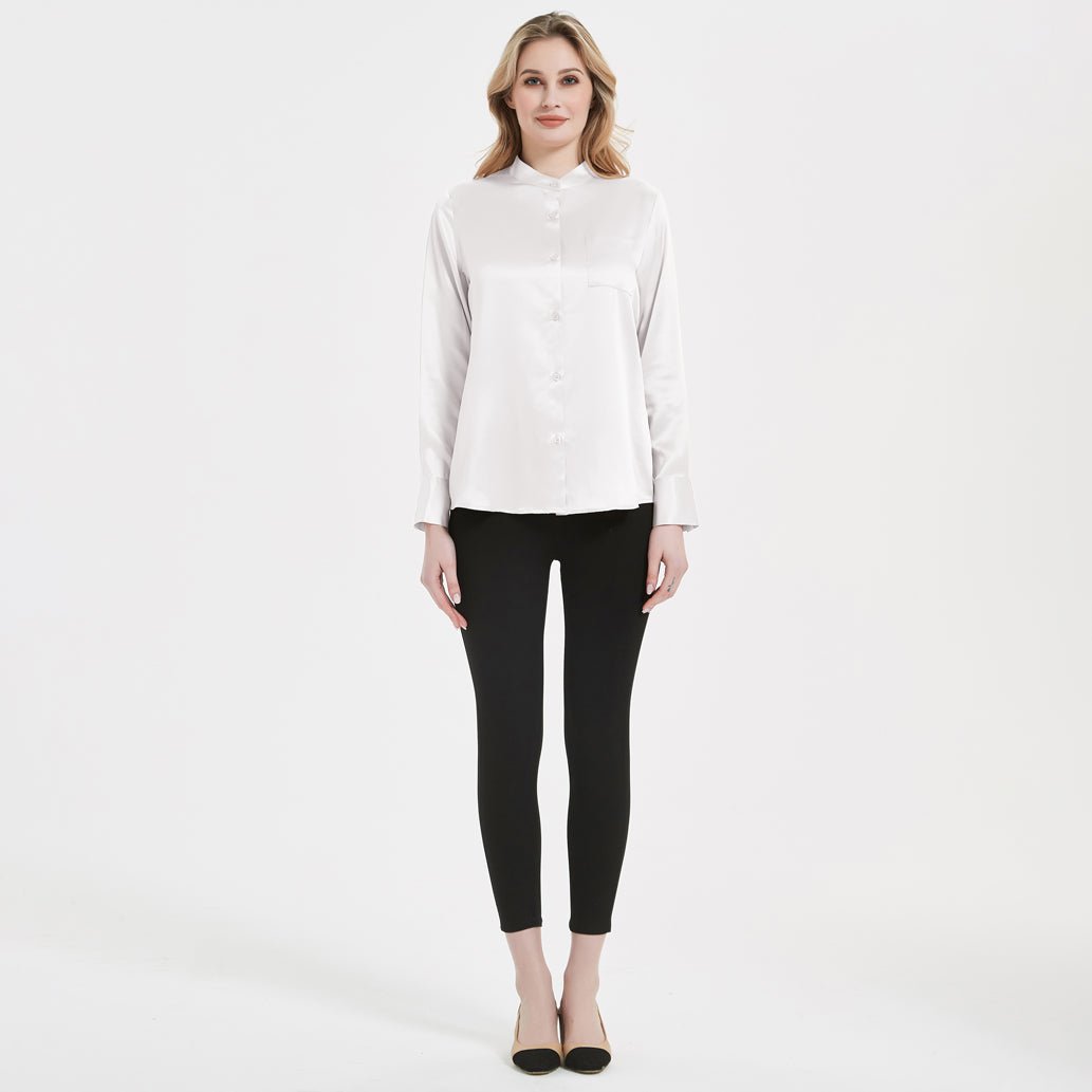Women Band Collar Silk Blouse For Women 100% Pure Silk Blouse with Pocket