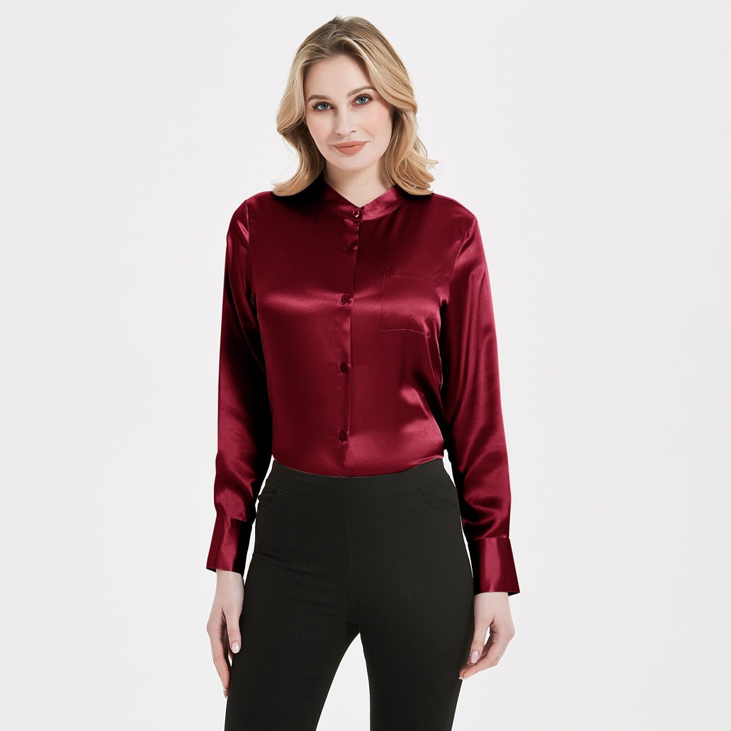 Women Band Collar Silk Blouse For Women 100% Pure Silk Blouse with Pocket