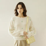 Women Scalloped Neck Cashmere Sweater Floral Embroidery Tops