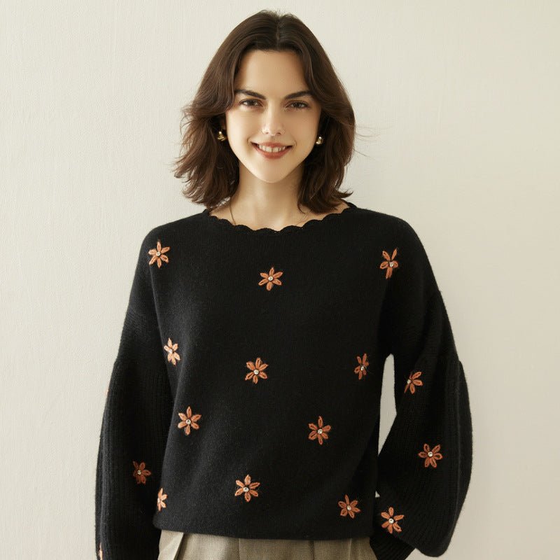 Women Scalloped Neck Cashmere Sweater Floral Embroidery Tops