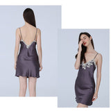 Women Floral Lace Silk Nightgown V Neck Pure Silk Slip Dress