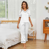 Women Short Sleeve Silk Pajama Sets 100% V Neck Silk Pjs