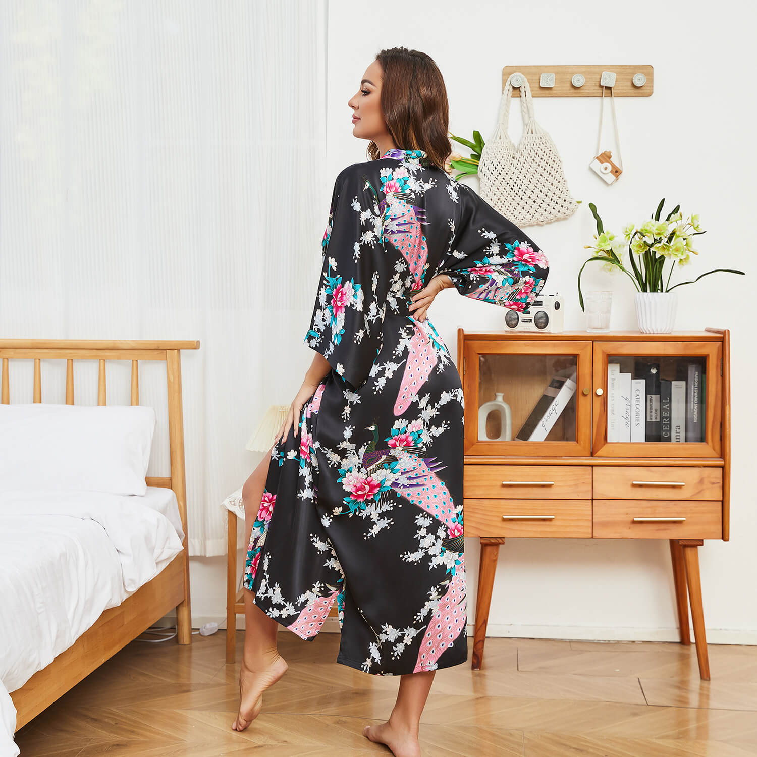 Women Silk Kimono Hand Painted Peacock & Flowers Nightwear