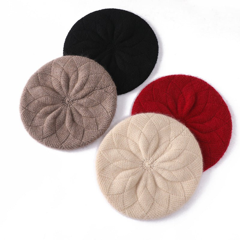 Womens 100% Cashmere Beret Cashmere Painter Hat Layered Petal Textured Knit